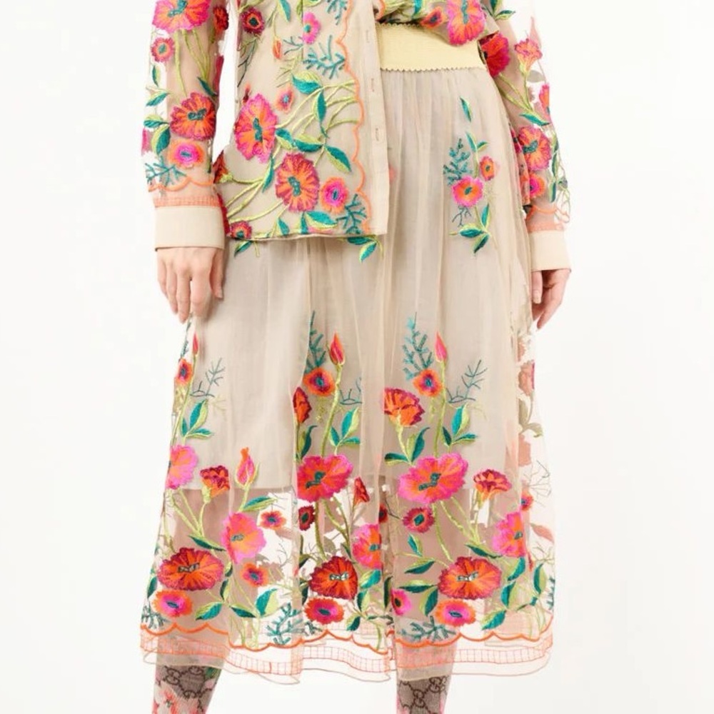 NWT Aratta Vintage Tulip Floral Embroidered Skirt - Pink and Green